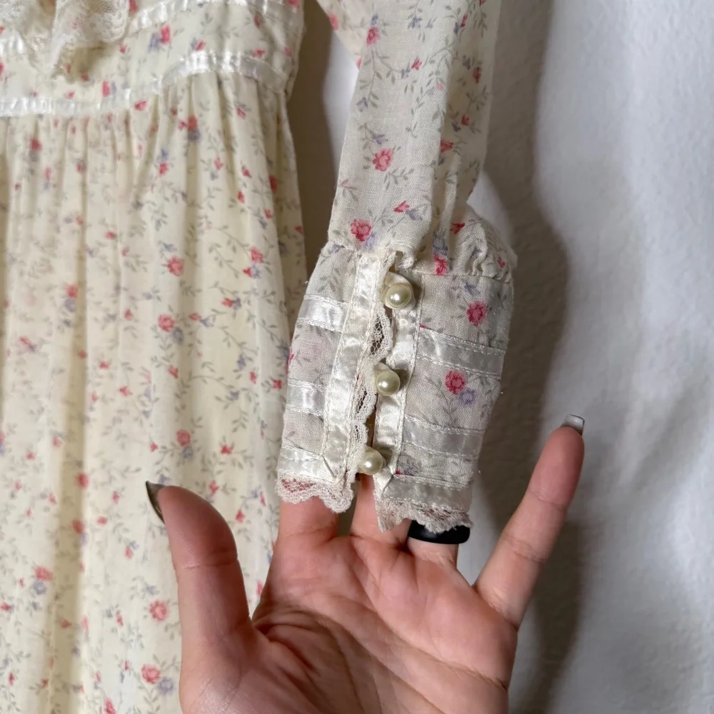 Gunne Sax Vintage Cream Floral Long Sleeve Lace Trim Prairie Dress Girls 5T